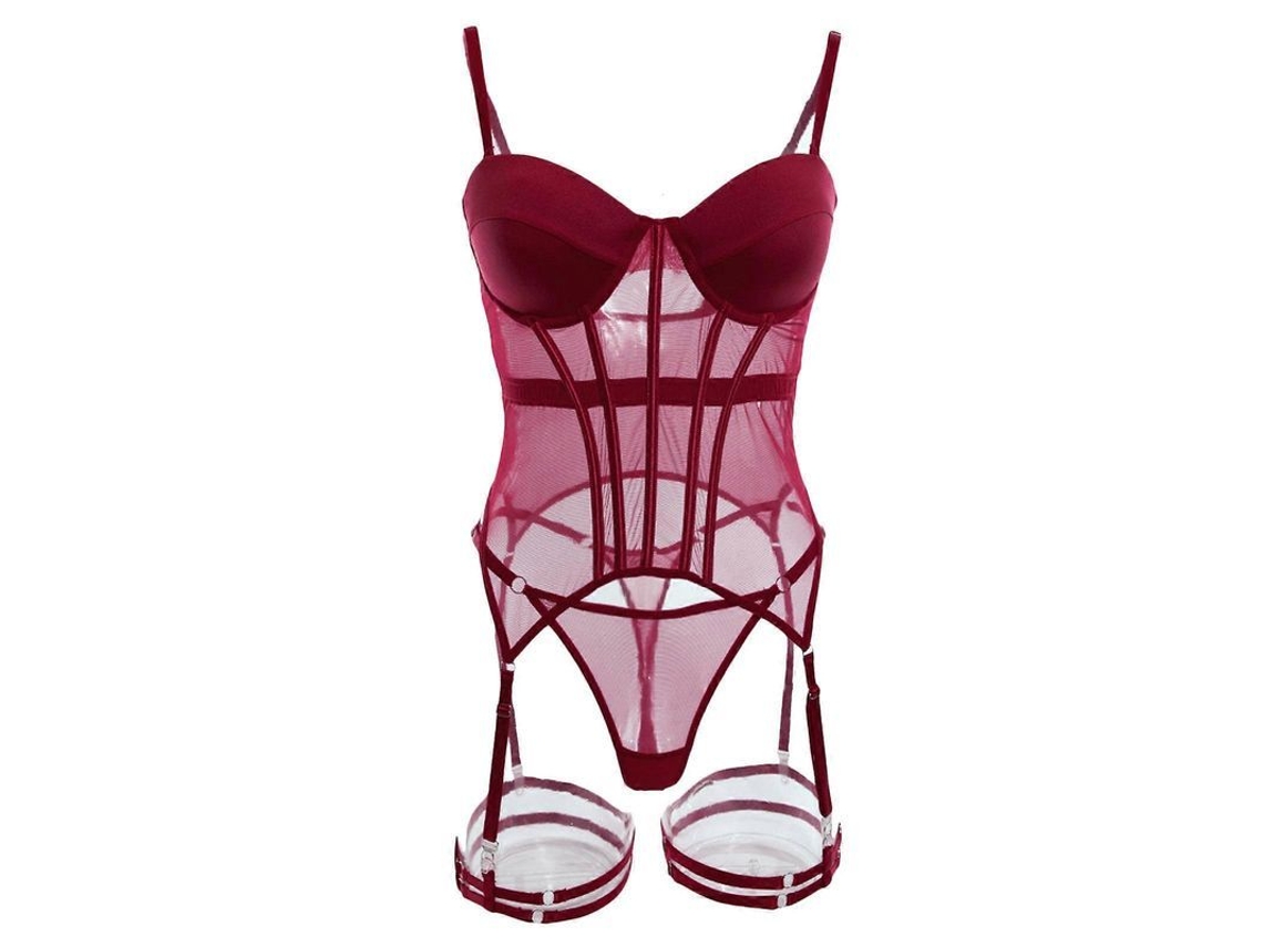 Conjunto de lingerie feminina sexy em tule, body estilo babydoll com cinta-liga, tamanho G, verde escuro, vinho.