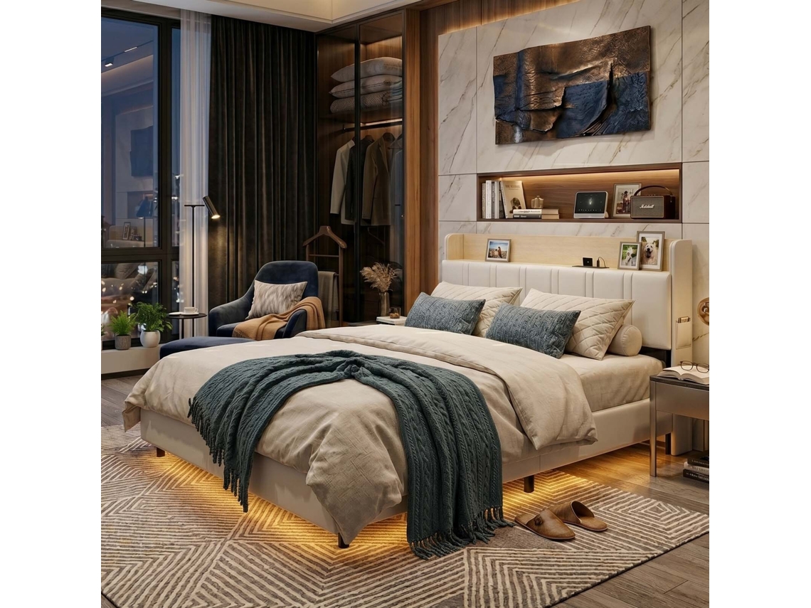 Cama de Casal LAZYSPACE em veludo com gaveta de arrumação, bege, 140x200 cm