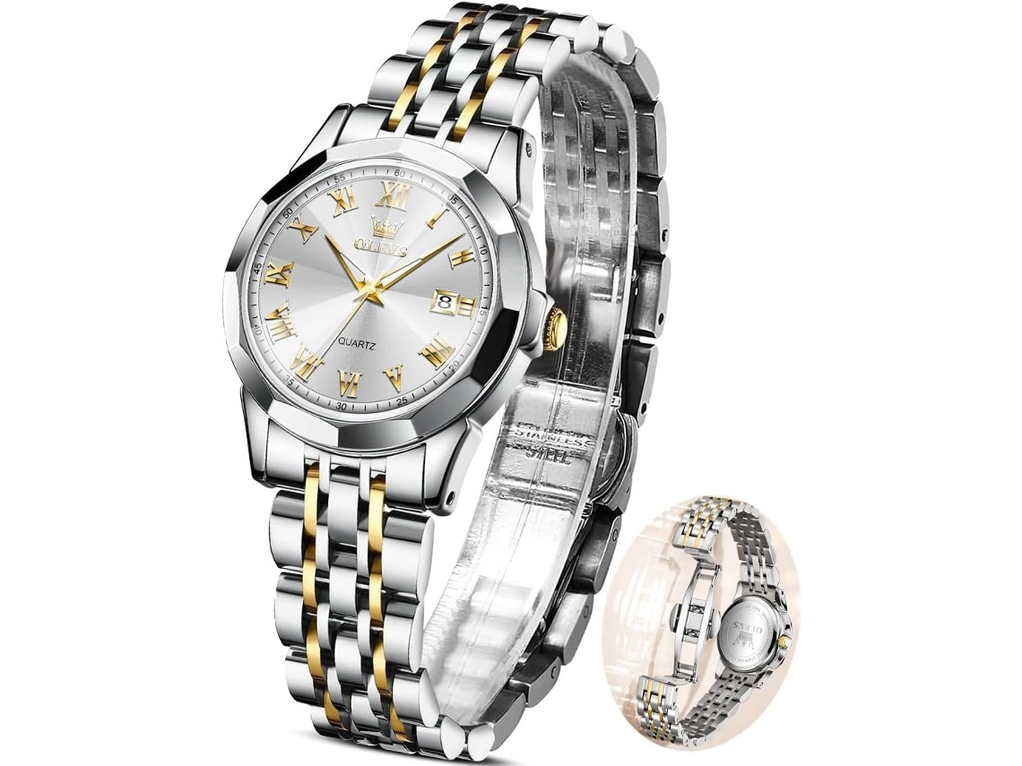 Lurelia Relógio Feminino, Movimento De Quartzo, Analógico, Data/calendário, Aço Inoxidável, Resistente À Água, Branco, Dourado