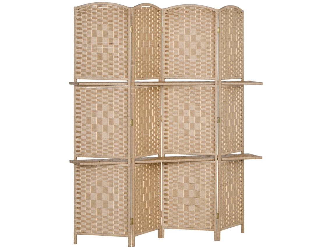 Biombo De 4 Painéis Dobrável Com 2 Prateleiras De Exposição, Ideal Para Escritório E Quarto, 160x170 Cm, Natural