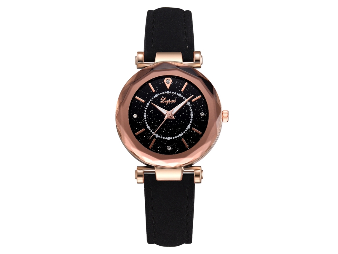 Relógio Feminino de Moda com Strass Pulseira de Couro Pu Relógio de Pulso Quartz Lvpai Preto