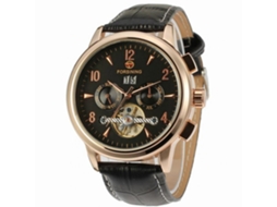Relógio de pulso mecânico automático masculino Forsining com calendário, preto e dourado.