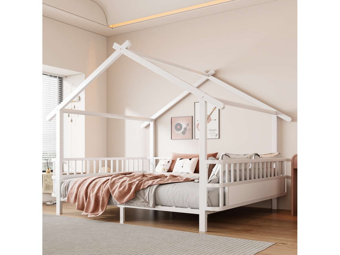 Cama Metal Forma Casa 140x200cm Grade Segurança Design Telhado Estrutura Decorativa Meninos Meninas Branco