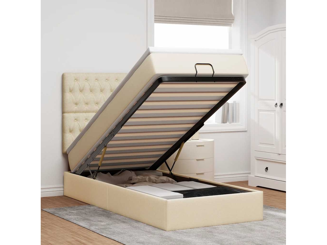 Vidaxl Cama Otomana com Colchão Leds 90x200 Cm Tecido Creme