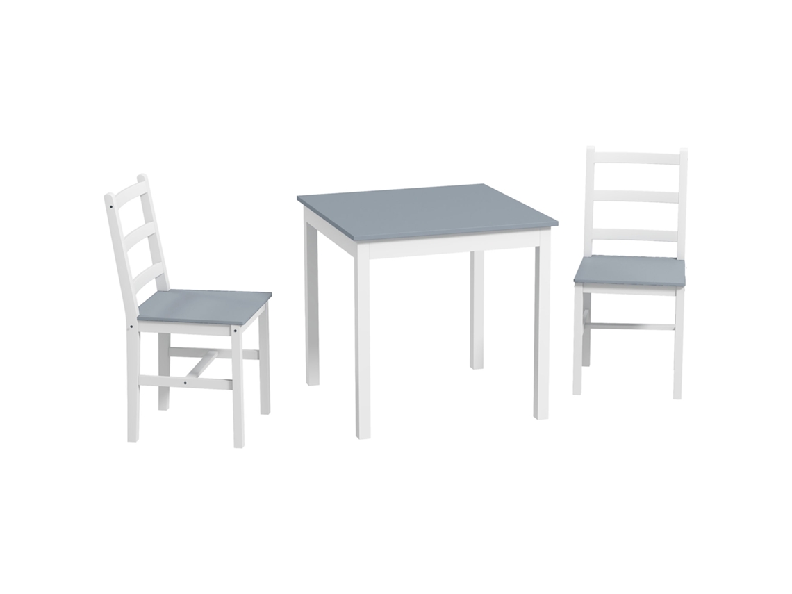 Conjunto De Jantar Para 2 Pessoas Com 2 Cadeiras E 1 Mesa, Pinho Branco E Cinza
