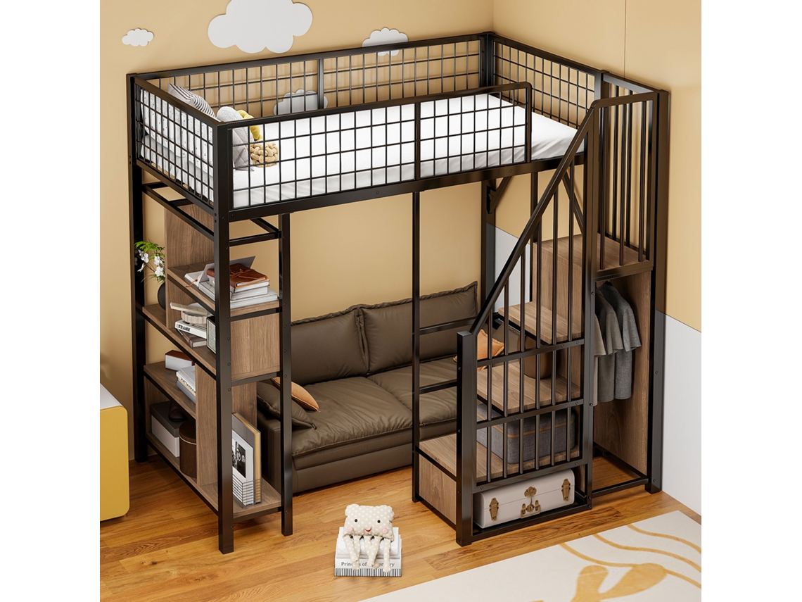 Cama Alta Metal 90x200 com Prateleiras e Escada