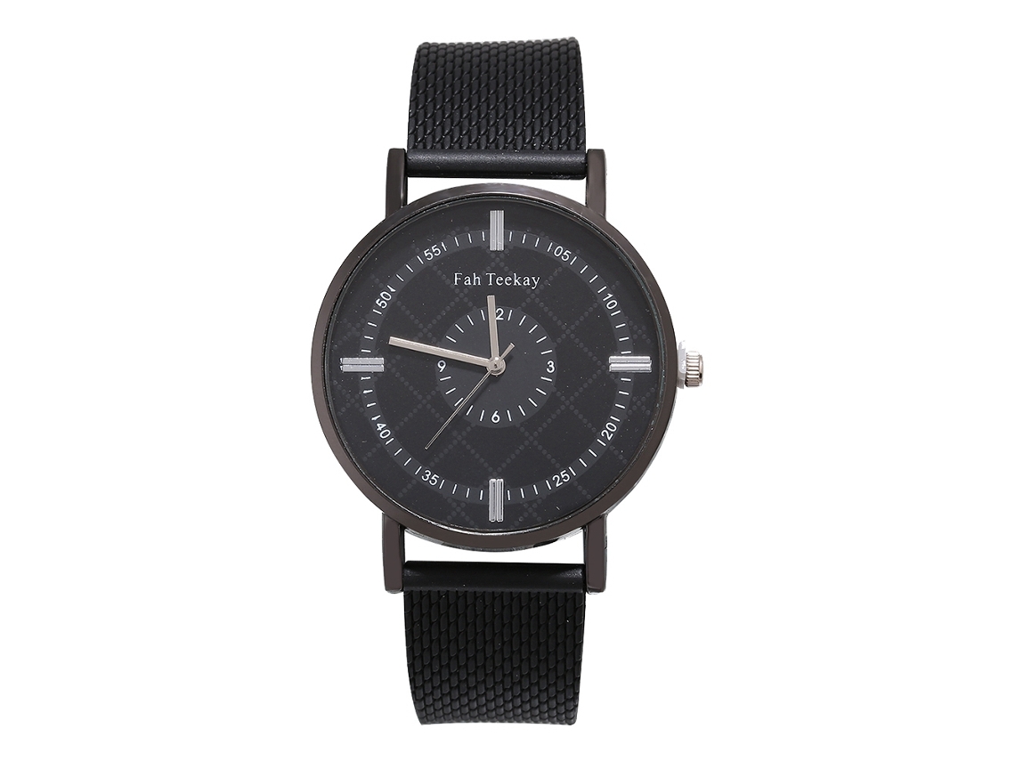 Relógio de pulso masculino casual com pulseira de malha e mostrador redondo (preto e prata)