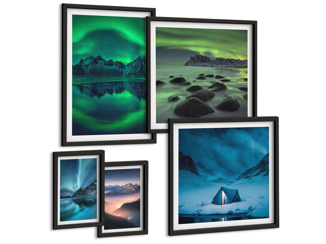 Conjunto De Pinturas Paisagens De Inverno Da Aurora Montanhas Espelharte (5 Peças)
