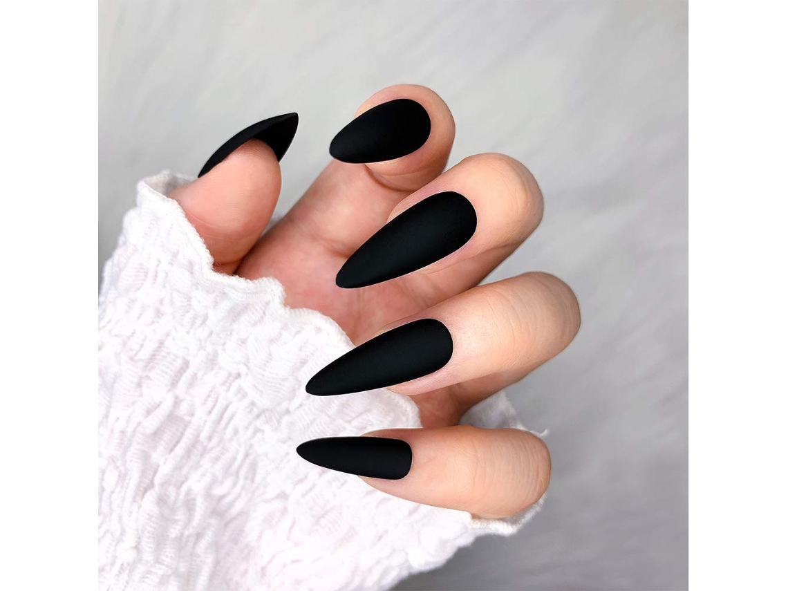 Unhas Postiças Fosca Cor Pura Estilete Médio Longo Amêndoa Pressão Na Unha Pontas Postiças Manicure De Dedo Artificial Preto ZMDECQNA 24 Un