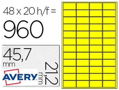 Etiqueta Adesiva Avery Poliester Amarelo 45.7X21.2mm Laser Pack de 960 Etiquetas