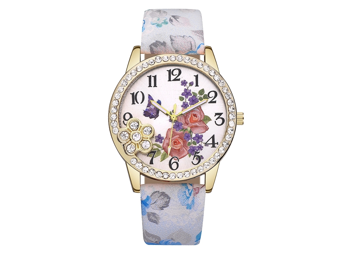 Relógio Femininos Pulseira Pu Floral Rhinestone Quartzo Vansvar Moda Azul Claro