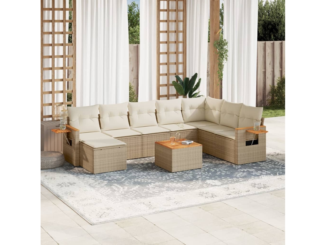 Vidaxl 9 Pcs Conjunto De Sofás P/ Jardim Com Almofadões Vime Pe Bege