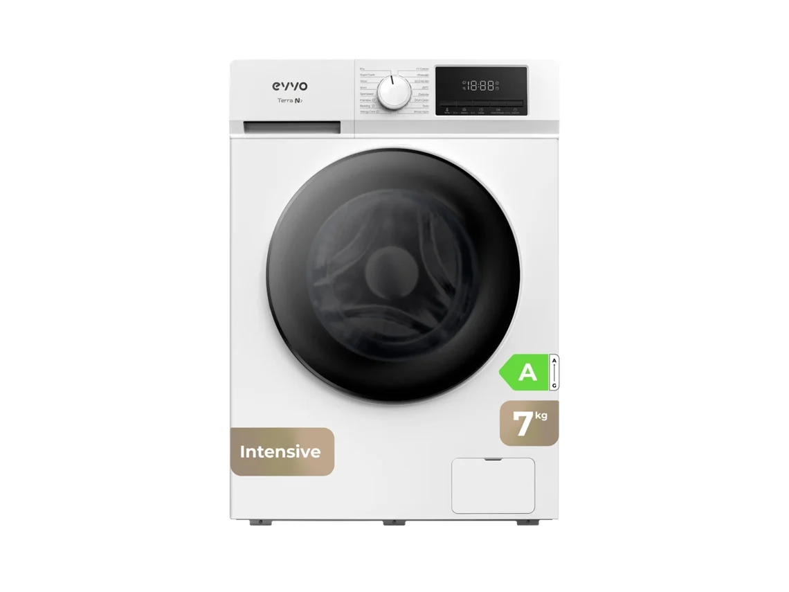 Máquina de Lavar Roupa EVVO Terra N7, 7 Kg, 1400 Rpm, Classe A, Motor Inversor Edrive, 16 Programas, Quick Wash 15’, Arranque Retardado, Branco