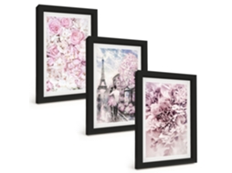Composição De Quadros Flores, Tons De Rosa, Paisagem Espelharte (3 Peças 20x30 Cm)