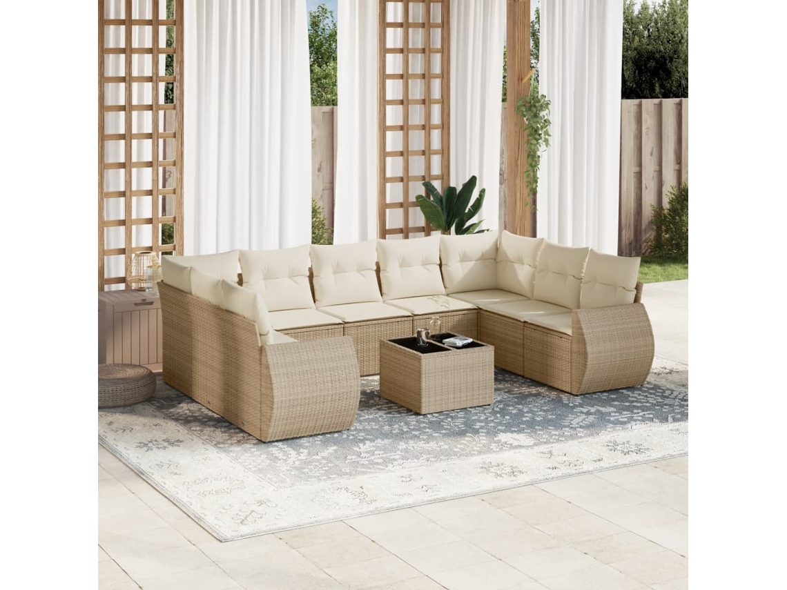 Vidaxl 10 Pcs Conjunto De Sofás P/ Jardim Com Almofadões Vime Pe Bege
