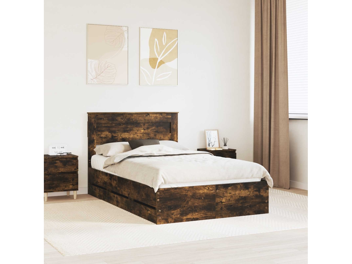 Vidaxl Estrutura Da Cama Com Gaveta Carvalho Defumado 135 X 190 Cm