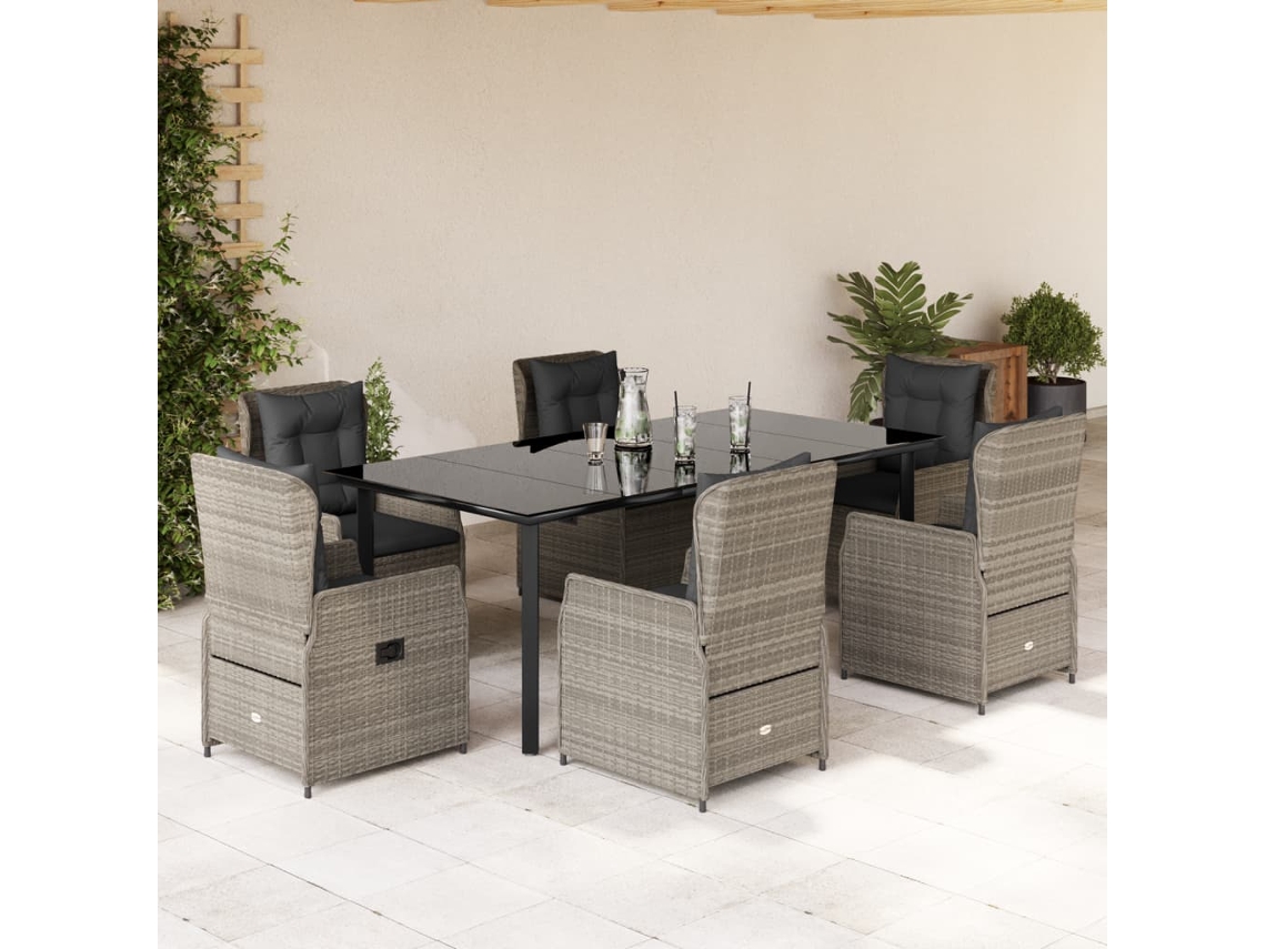 7 Pcs Conj. Jantar P/ Jardim C/ Almofadões Vime Pe Cinza Claro Dkd Home Decor