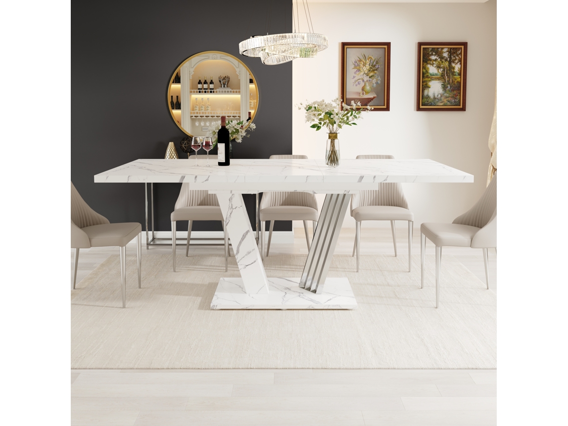 Mesa Extensível Tampo Imitação Mármore 120-160×80×76cm Estrutura Borboleta Cozinha E Sala