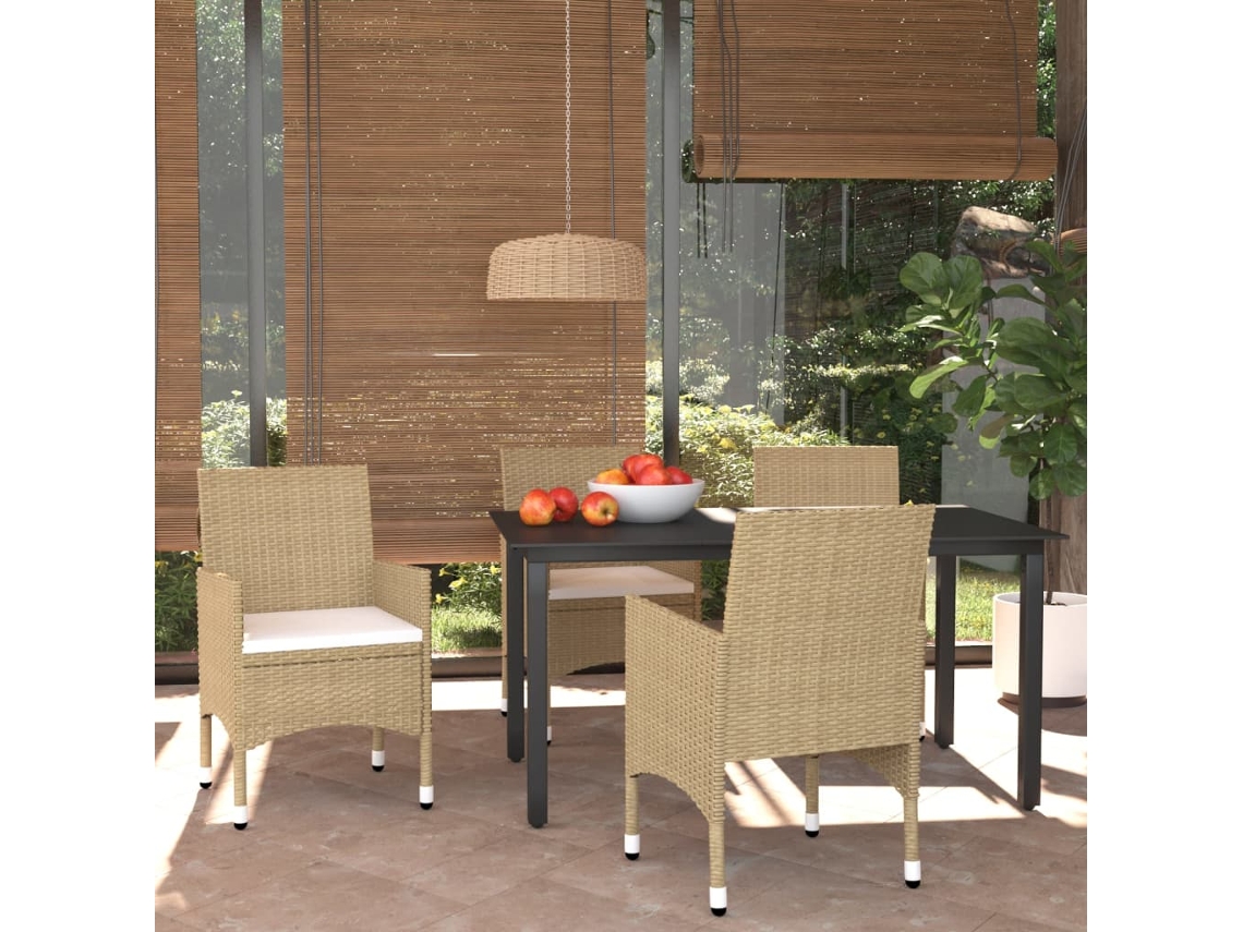 Vidaxl 5 Pcs Conjunto Jantar P/ Jardim C/ Almofadões Vime Pe Bege