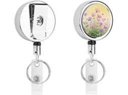 Porta Crachá Retrátil Moderno E Durável Em Metal Com Estampa Floral Em Aquarela Rosa E Roxa, Com Cordão De Nylon De 68cm