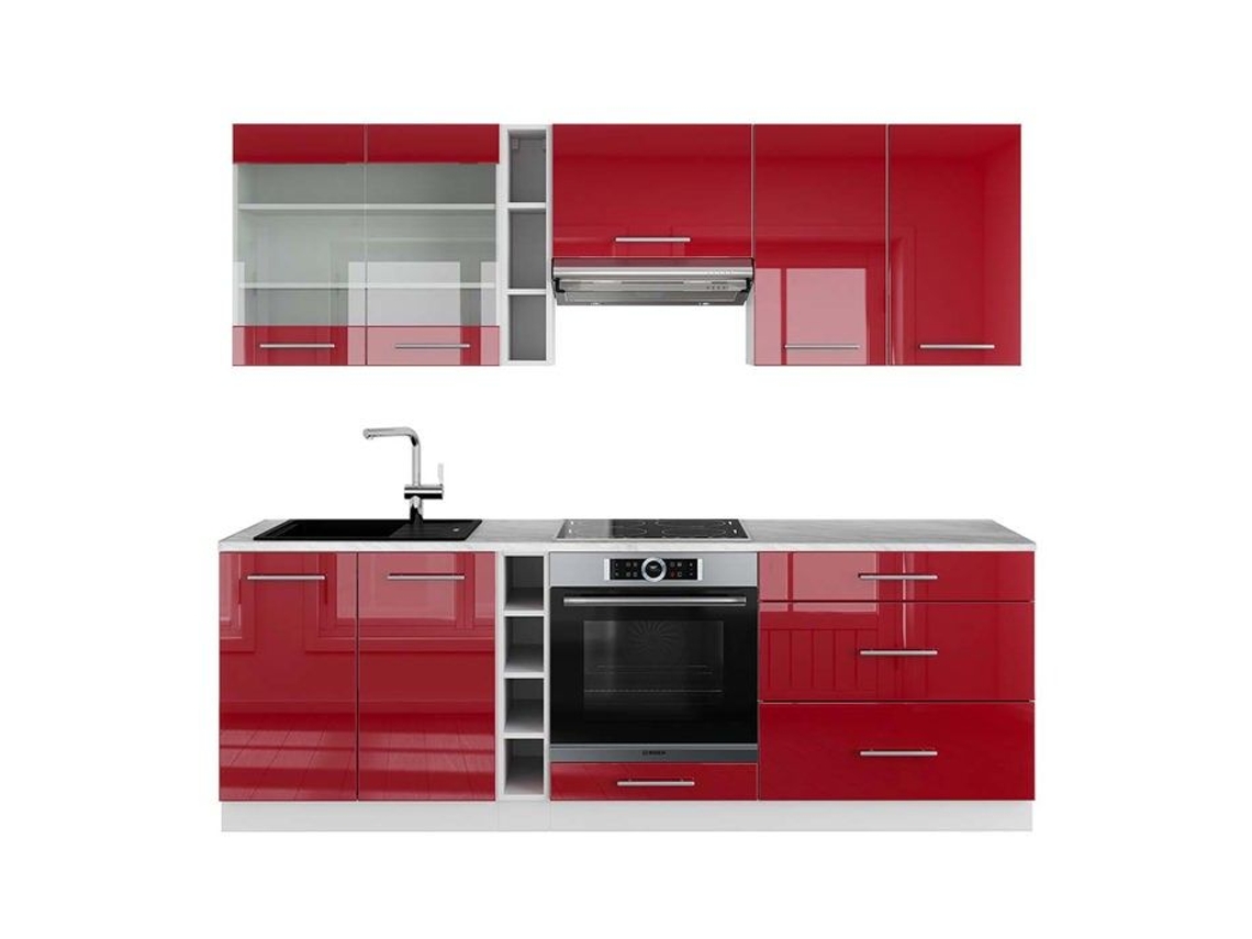 Cozinha Fame-Line, 235 cm, Mármore PT, Borgonha alto brilho/branco, Vicco