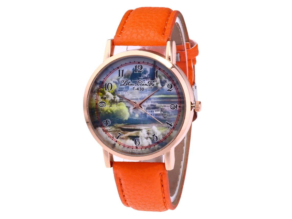 Relógio de quartzo feminino moderno com pulseira de couro PU e mostrador redondo laranja.