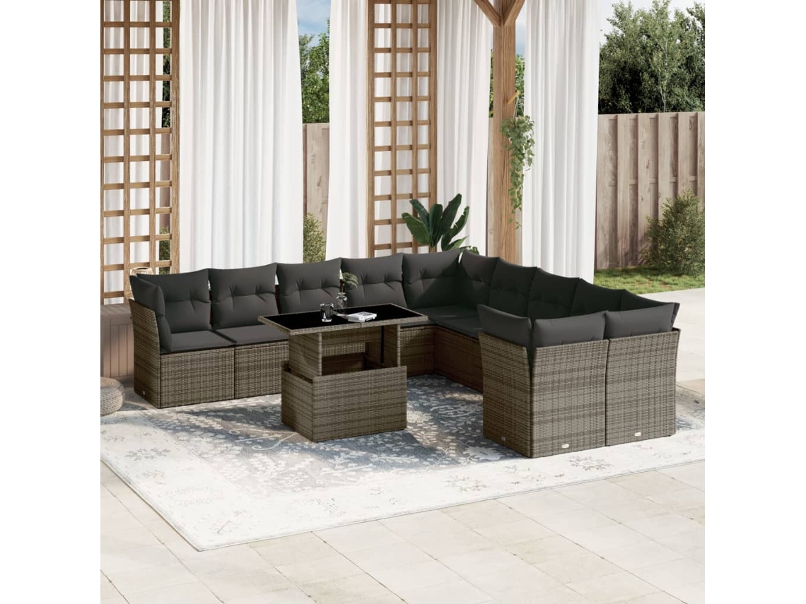 Vidaxl 11 Pcs Conjunto Sofás De Jardim C/ Almofadões Vime Pe Cinzento