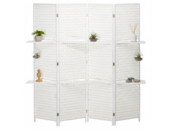 Paravent 4-partes 181 X 180 Cm Dobrável Divisor De Ambiente Com 2 Prateleiras De Madeira De Pinho, Bambu Para Quarto, Branco
