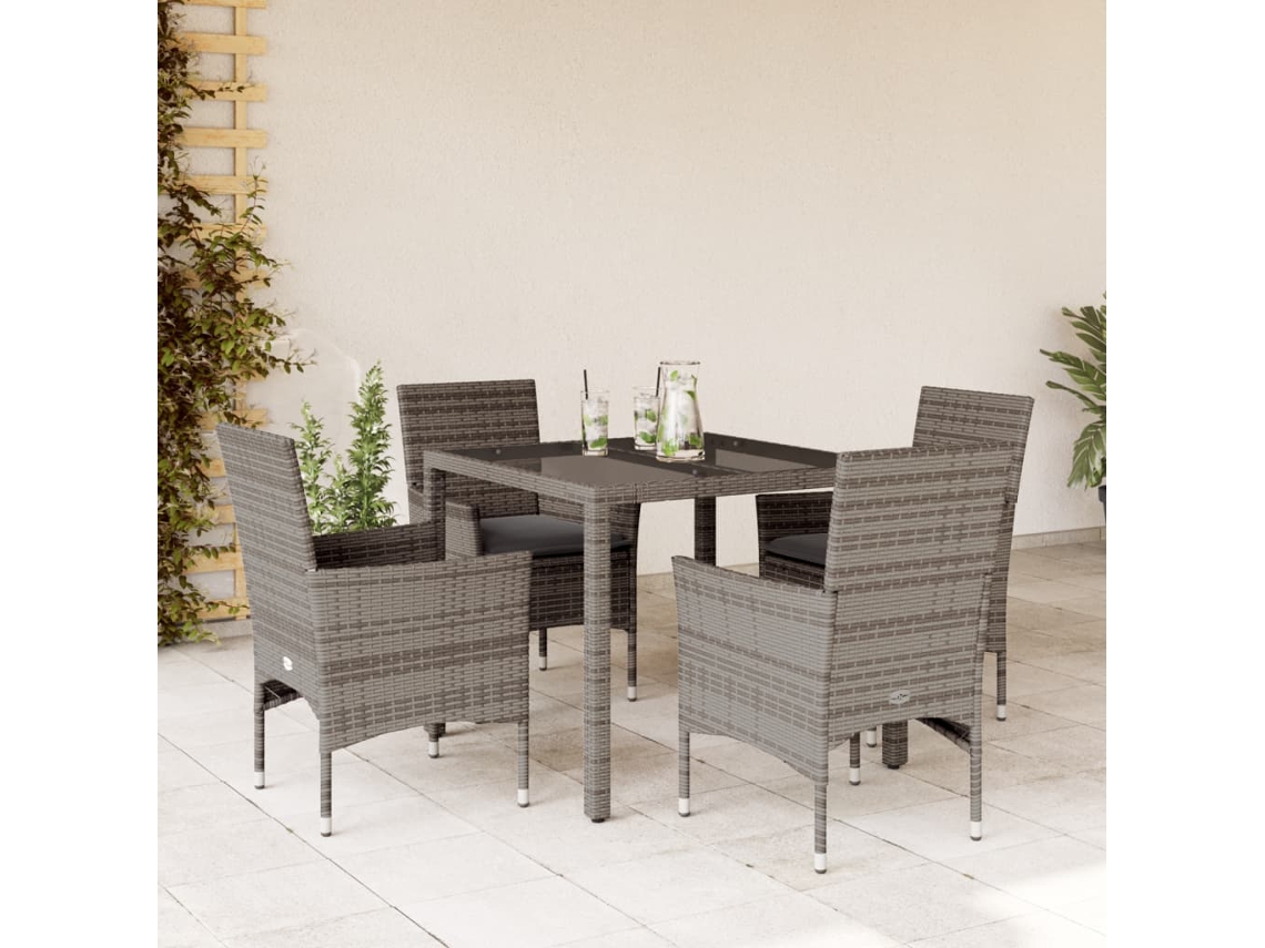 Jogo 5 Peças Jantar Jardim C/ Almofadões Vime Pe/vidro Cinza Dkd Home Decor
