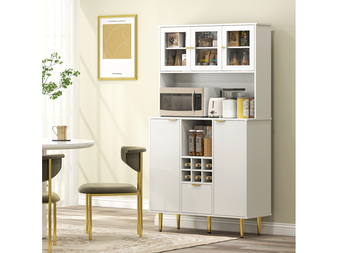 Armário De Cozinha Móvel Auxiliar Culinária Guarda-roupa Alto Com 3 Portas Vidro Supte P/ Garrafas 100x40x180 Cm Branco