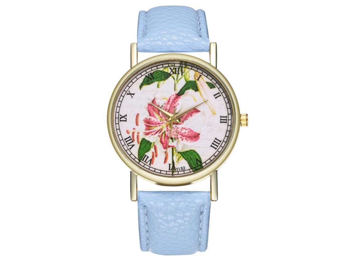 Relógio de pulso feminino analógico de quartzo com estilo floral e pulseira de PU (azul claro)