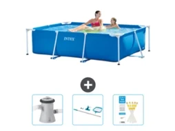 Piscina com Estrutura Retangular INTEX 220 X 150 X 60 Cm Azul Incluída Bomba de Filtro de Piscina Kit de Limpeza Tiras de Teste