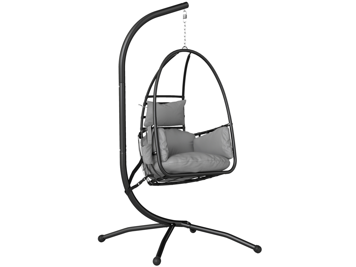 Cadeira de Ovos com Suporte Cesta Dobrável Apoio de Cabeça Almofada Bolso Lateral 120 Kg Cinza Escuro Ge
