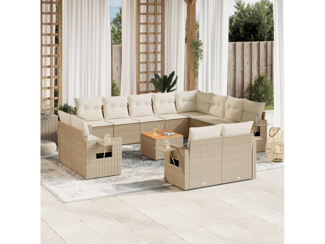 Vidaxl 13 Pcs Conjunto De Sofás P/ Jardim Com Almofadões Vime Pe Bege