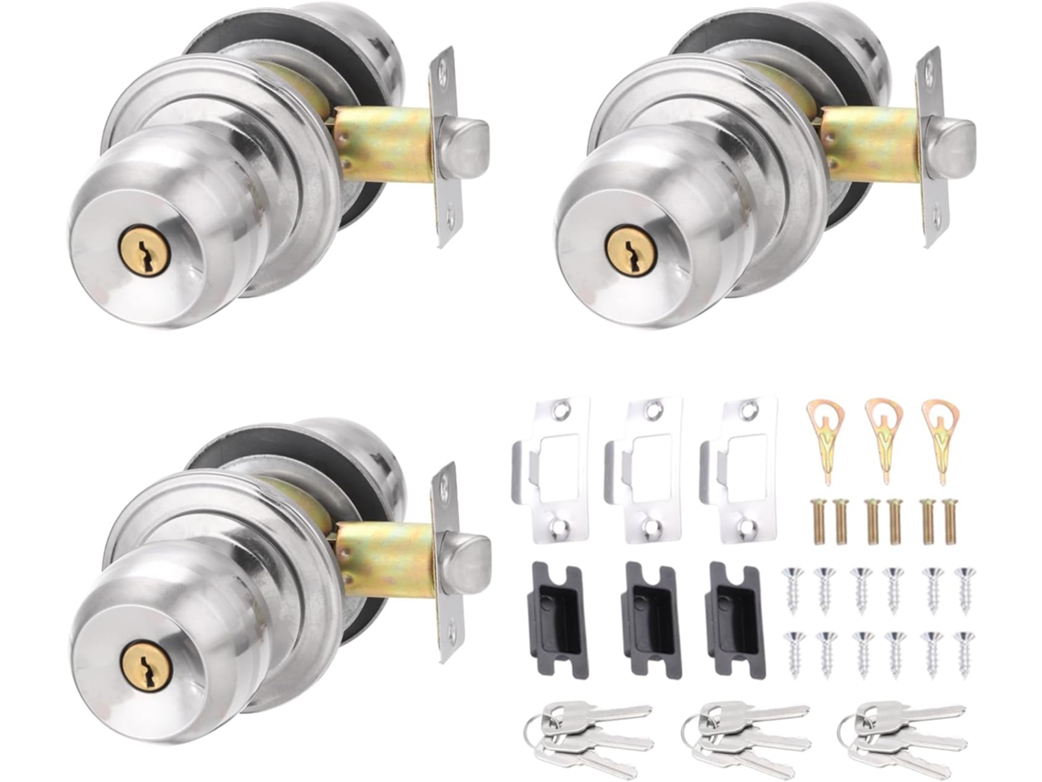 Maçanetas De Porta Patikil Com Chave, Para Interiores, 60mm 2, 4 Polegadas, Pacote Com 3 Unidades, Redondas, Em Aço