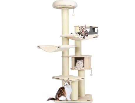 Uma Árvore de Gato 197Cm Torre de Gato Multi-Camadas Casa de Gato Vertical com Apartamentos de Madeira Redes e Cestas Penduradas COSTWAY