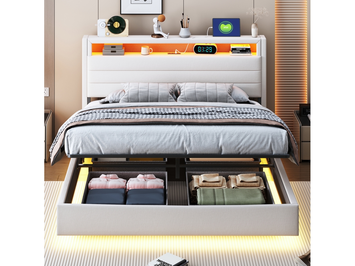 Cama Com Baú Estofada Em Linho 140x200 Cm Com Tomada Usb E Led Bege Estilo