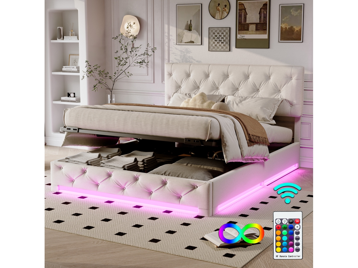 Cama Estofada 160x200 Cm, Cama De Casal, Com Luzes Led, Com Caixa De Armazenamento, Com Cabeceira E Estrutura De Ripado, Tecido De Linho Bege