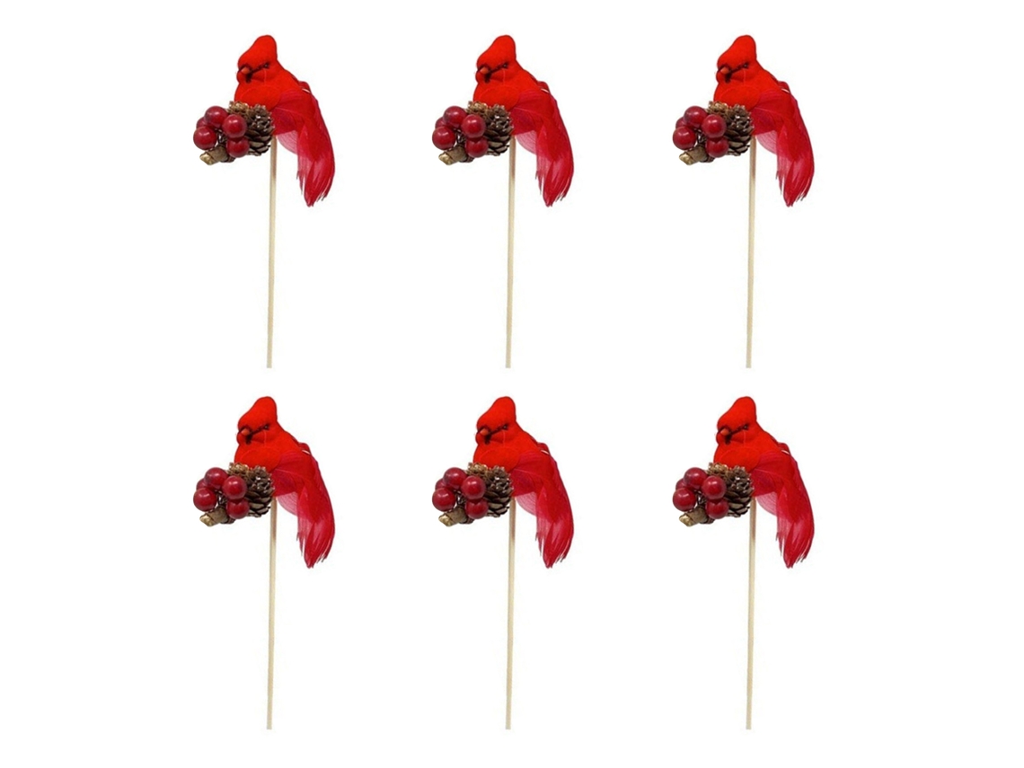 Conjunto De 6 Pássaros Artificiais Vermelhos Para Natal Com Paus Da Laxiscreed, Decoração Para Jardim
