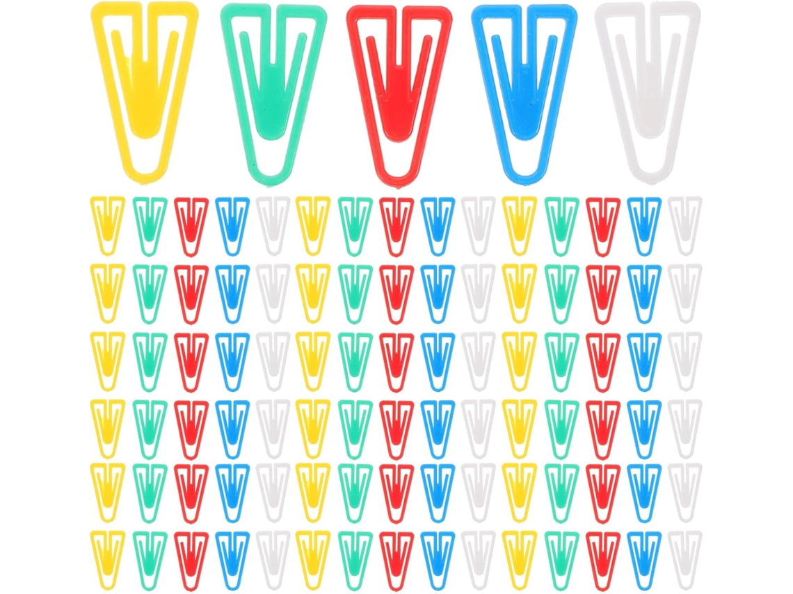 100 pequenos clipes de papel triangulares de plástico, ideais para prender documentos e cartas na sua mesa ou no escritório da escola.