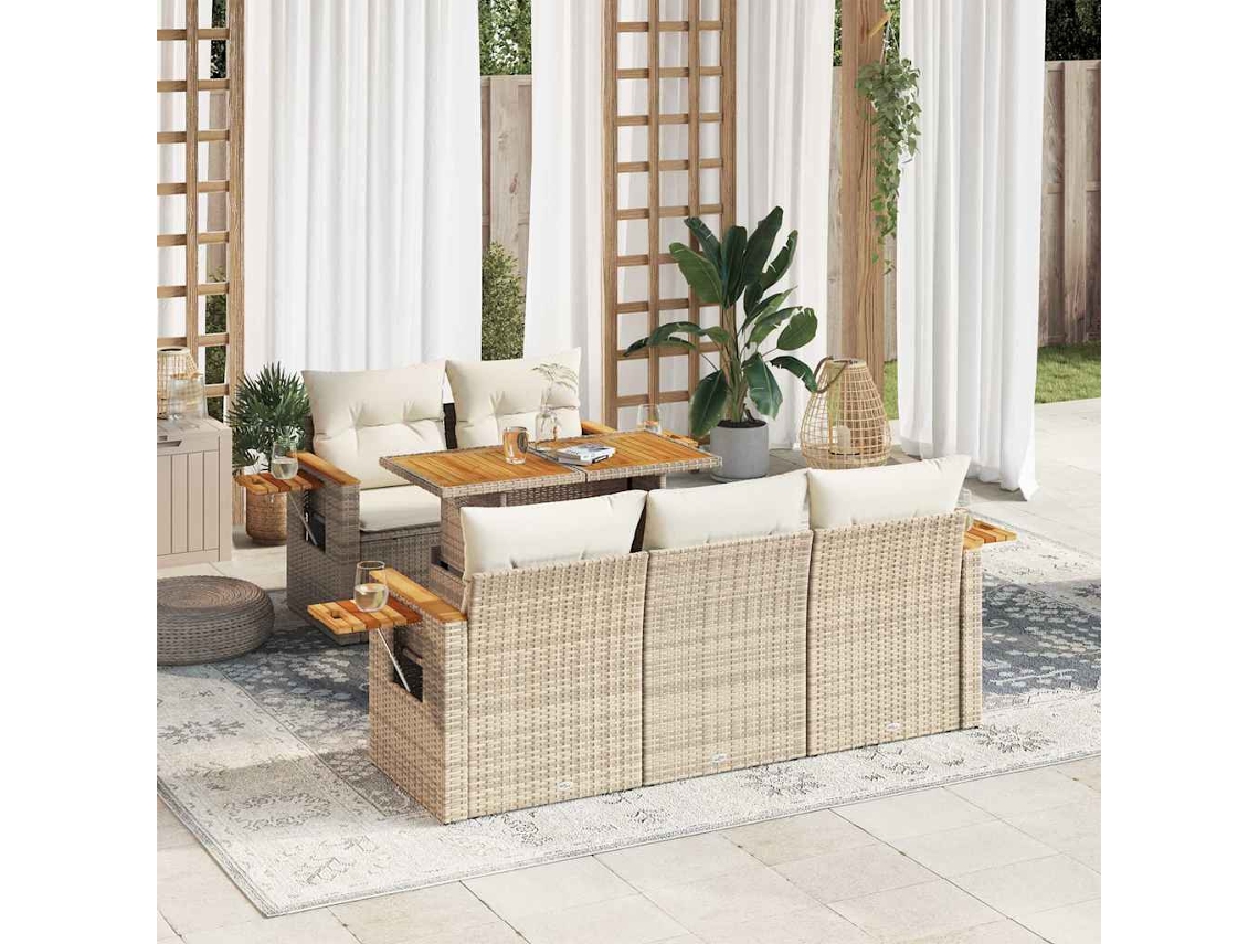 Vidaxl 6 Pcs Conjunto Sofás Jardim Com Almofadões Vime Pe/acácia Bege