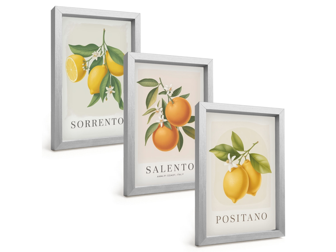 Pinturas Murais Modernaslimões, Laranjas, Amalfi Moldura Prateada Fotos Para O Corredor Espelharte (3 Peças 20x30 Cm)