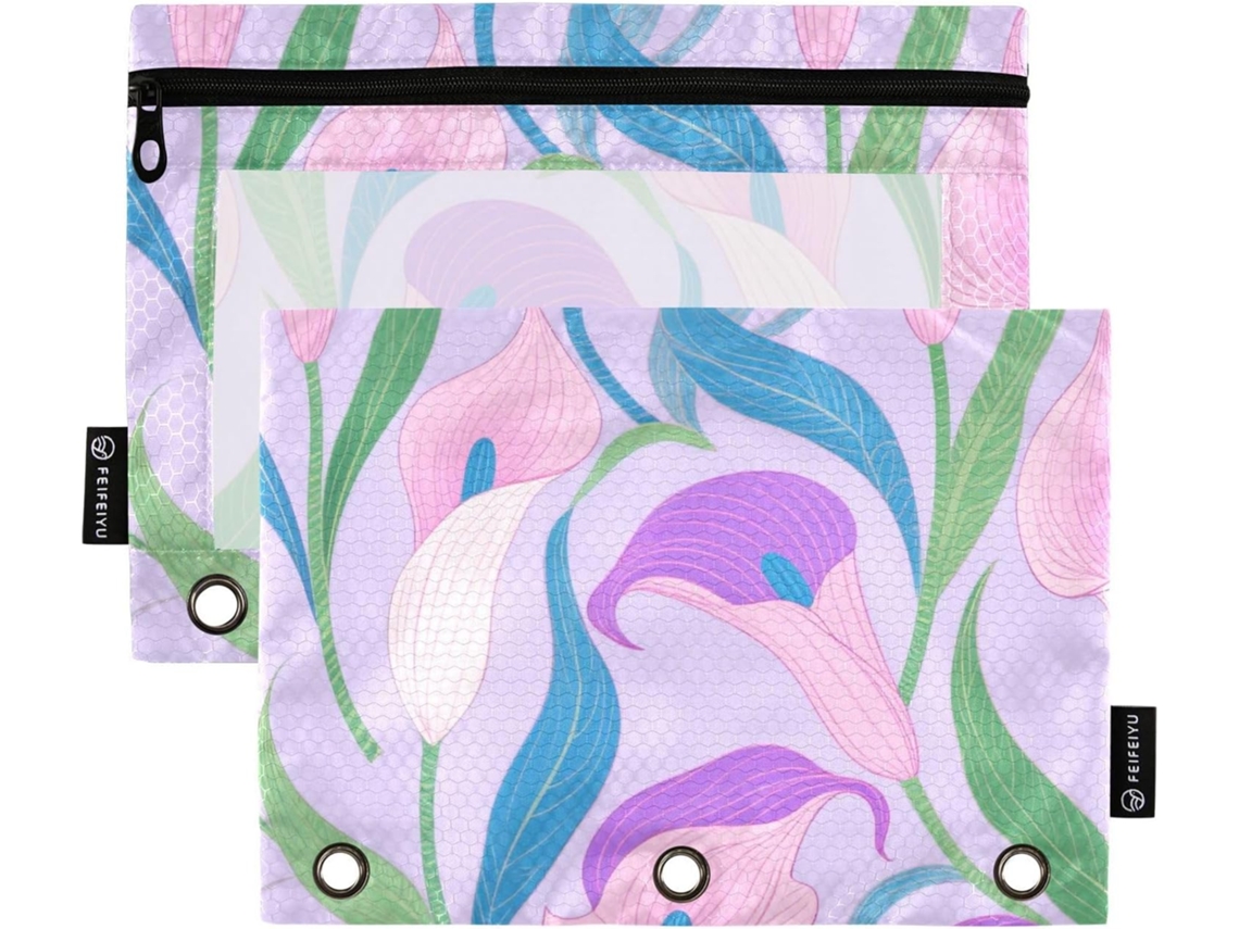 Massa de 3 Argolas Com Estampa Lírio Cálice, Rosa E Roxa, Com Divisórias Transparentes Sacos, Grande Capacidade, Três