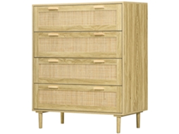 Cômoda 90x45x108,5h Com 4 Gavetas E Vime, Estilo Boêmio Madeira Clara