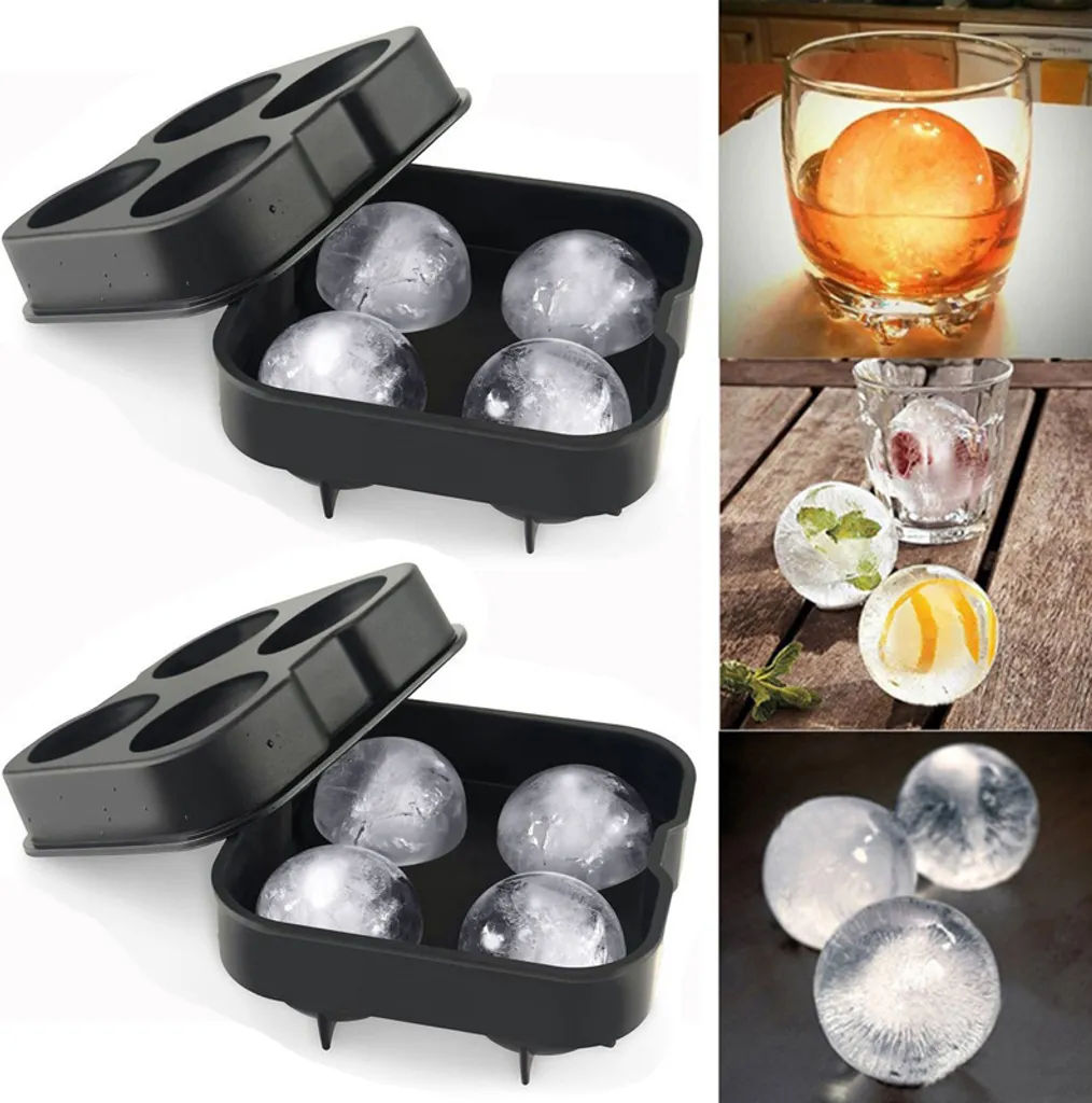 Conjunto De 2 Moldes De Silicone Para Cubos Gelo, Formato Esférico De 4, 5 Cm, Na Cor Preta