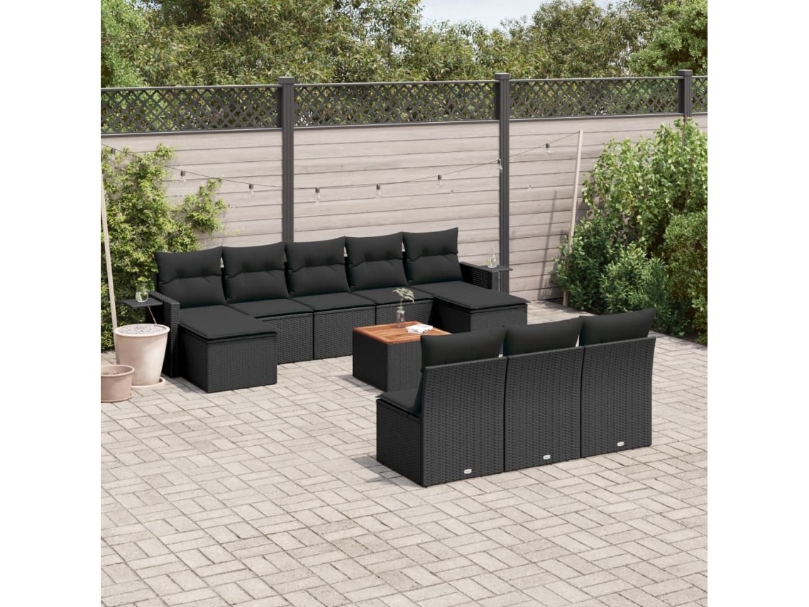 Vidaxl 11 Pcs Conjunto Sofás De Jardim C/ Almofadões Vime Pe Preto