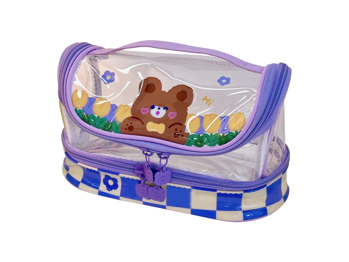 Estuche De Lápices Grande Capacity Estilo Cartoon Plástico Transparente Pvc Para Estudiantes Escolar Oficina Oso Floral