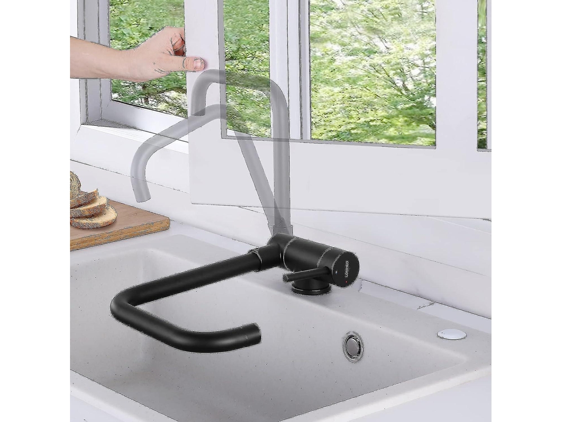 Torneira Misturadora De Cozinha, Misturador De Água Quente E Fria Em Aço Inoxidável Para Pia, Preta Giratória 360° E Dobrável, Dobrável Para Janela