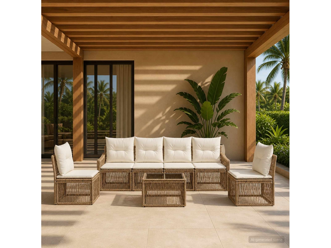 Vidaxl Conjunto De Sofá De Jardim 7 Pcs Bege Vime Pe