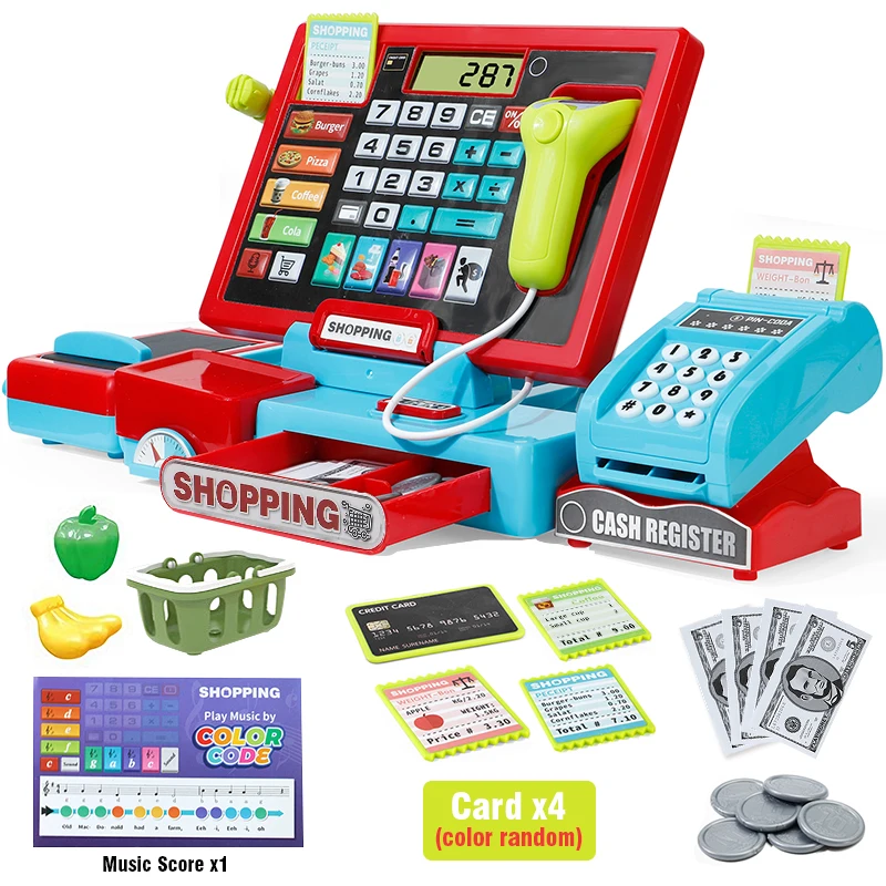 Caixa Registradora Infantil com Calculadora, Brinquedo de Loja para Brincar de Faz de Conta com Efeitos Sonoros. MDUG (vermelho)